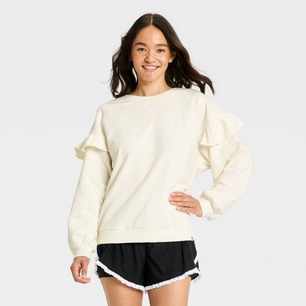Women's Active Ruffle Trim Crewneck Sweatshirt - JoyLab White M
